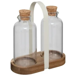 SET OLIERA/ACETIERA IN VETRO BOROSILICATO E VASSOIO IN ACACIA 17X8X19CM
