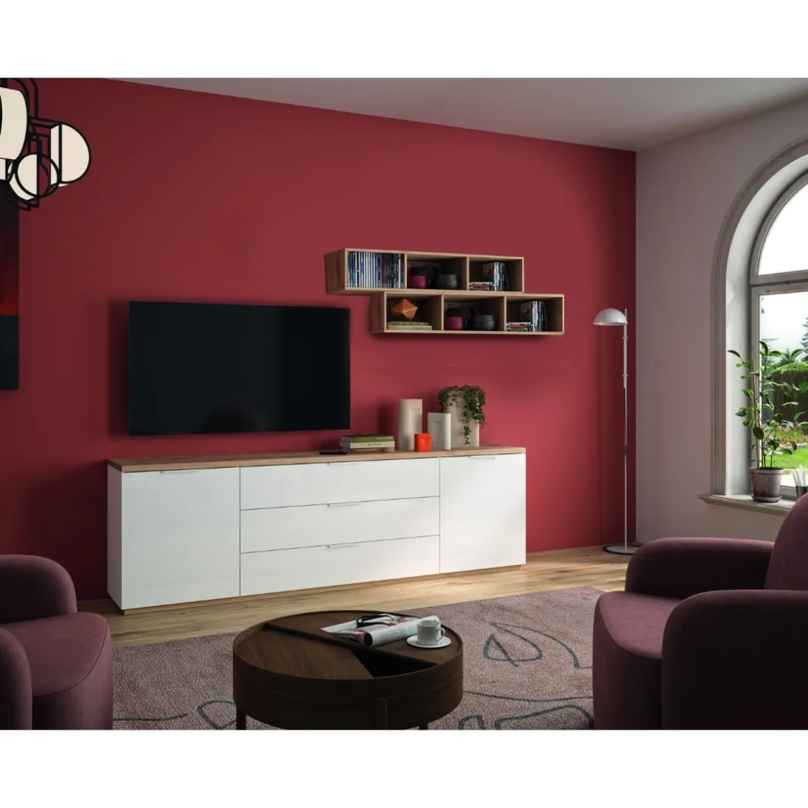 Soggiorno Modello Mundi Bianco Lucido E Rovere Artisan in Offerta