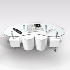 TAVOLINO CM 130X70 H. 45 CON 2 POUF BIANCO E VETRO: vendita online TAVOLINO CM 130X70 H. 45 CON 2 POUF BIANCO E VETRO in offerta