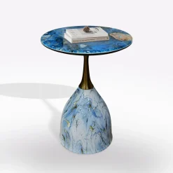 TAVOLINO DIAM. CM 44 H.57 METALLO E PIANO IN CERAMICA EFFETTO MARMO BLU in vendita online