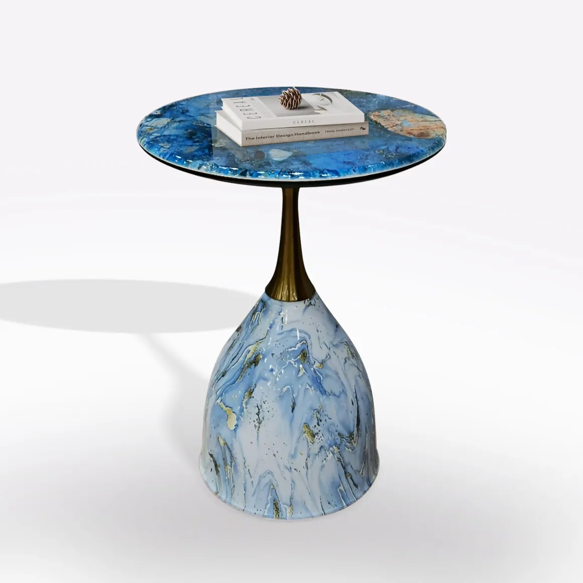TAVOLINO DIAM. CM 44 H.57 METALLO E PIANO IN CERAMICA EFFETTO MARMO BLU in vendita online