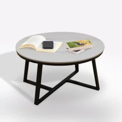 TAVOLINO DIAM. 80 H.45 METALLO E PIANO IN CERAMICA EFFETTO MARMO BIANCO in vendita online