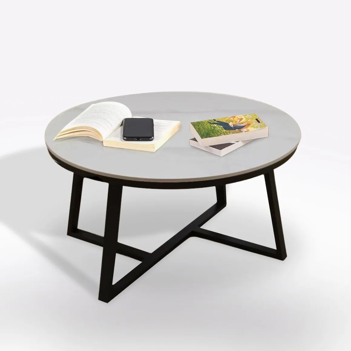 TAVOLINO DIAM. 80 H.45 METALLO E PIANO IN CERAMICA EFFETTO MARMO BIANCO in vendita online