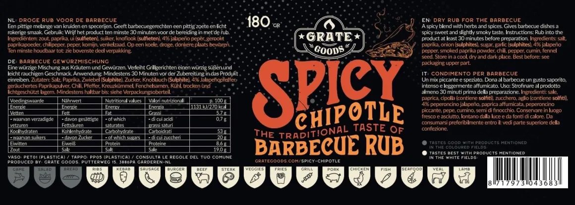 Vendita online di GRATE GOODS - SPICY CHIPOTLE BBQ RUB CARNE, POLLO E PESCE 180GR